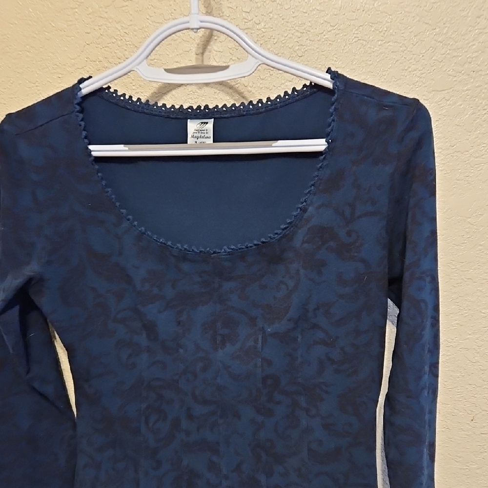 Magdalena Women’s Top Size S 4/6 Dark Blue Crochet Lace Trim Neckline Y2K Boho - Picture 2 of 9
